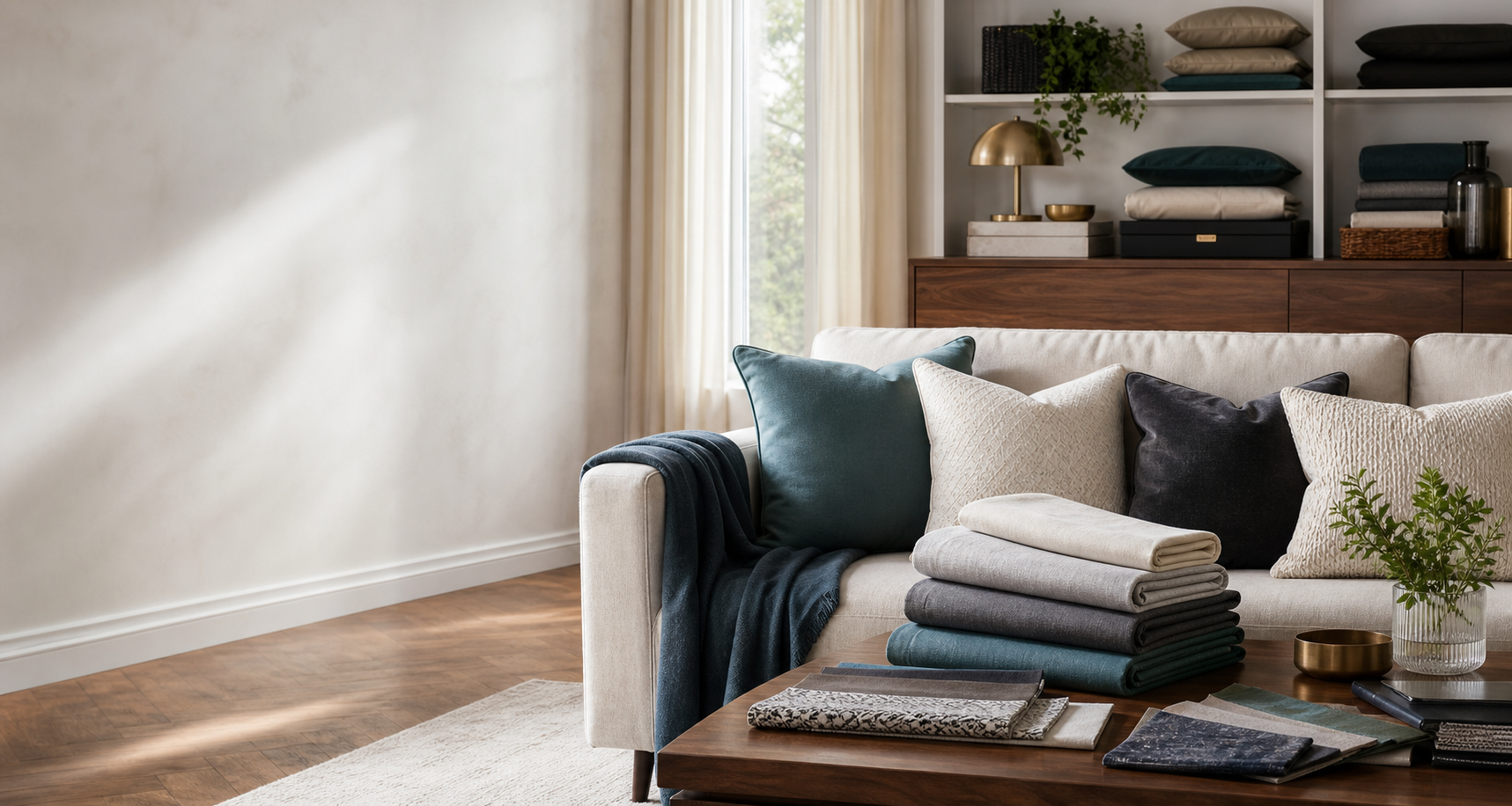 Elegant living room with sofa, curtains, folded sheets, cushions, and home textiles